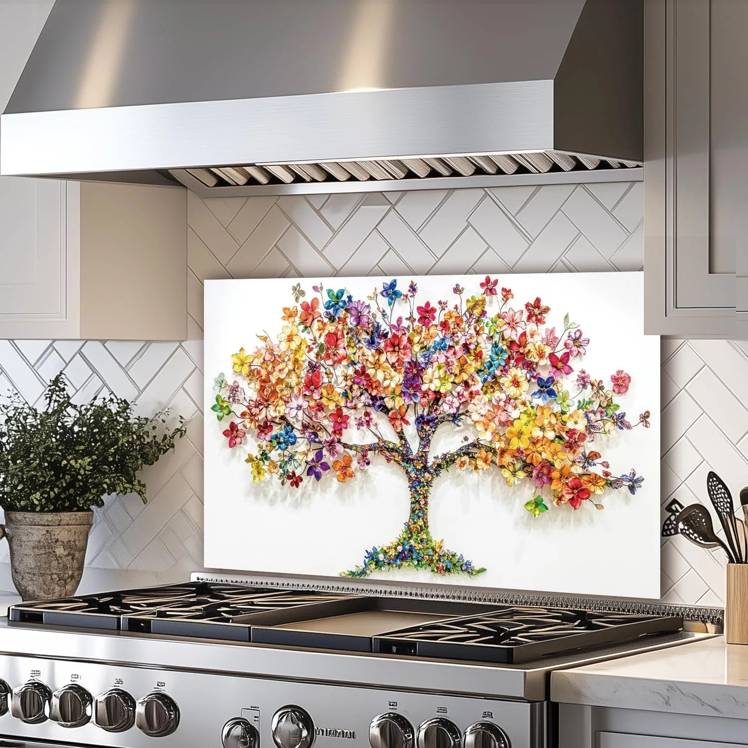 Colorful Tree of Life tempered glass kitchen backsplash size reference view
