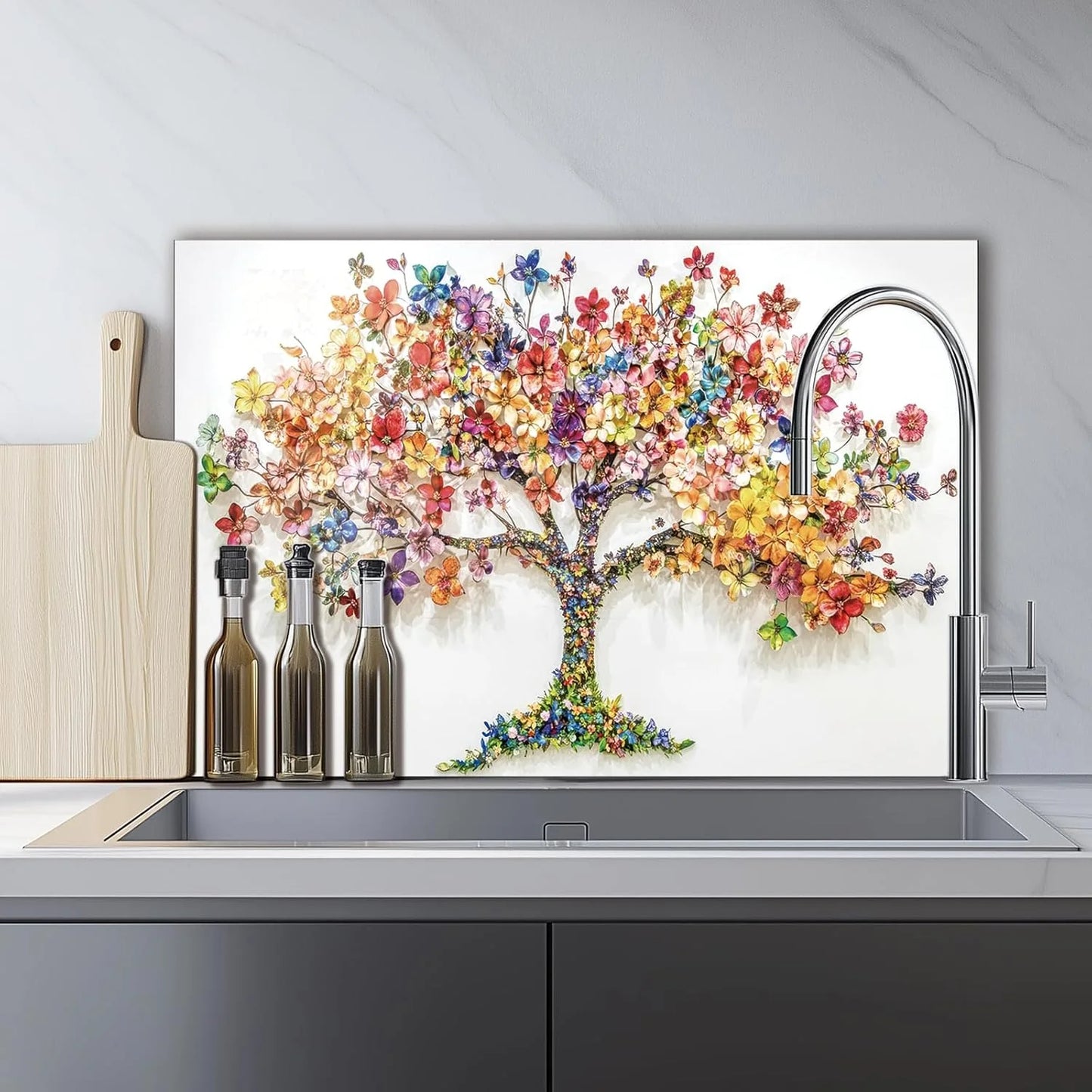 Colorful Tree of Life tempered glass kitchen backsplash installation detail