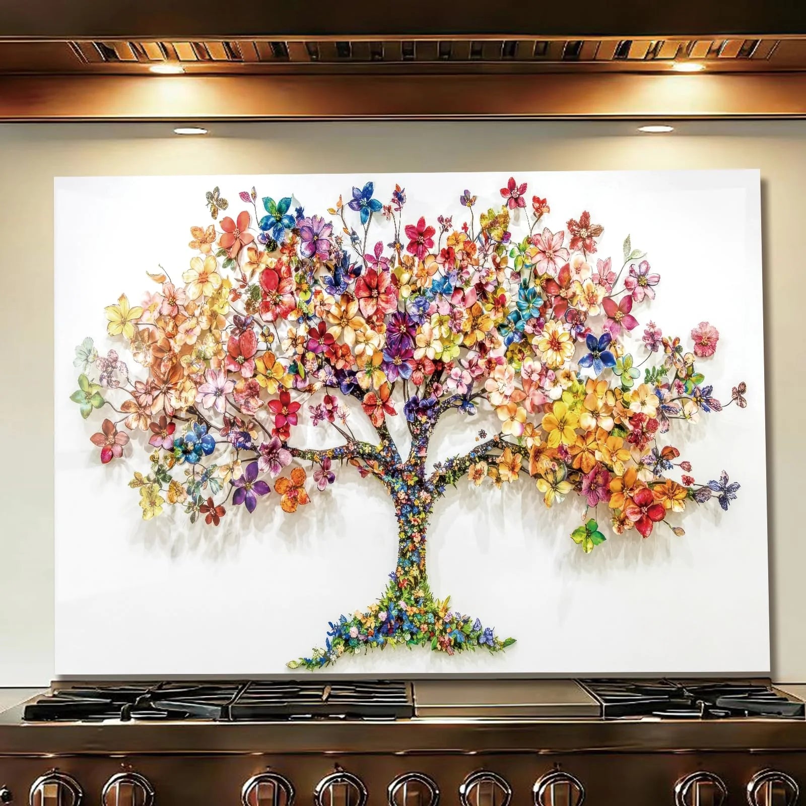Colorful Tree of Life tempered glass kitchen backsplash care detail view