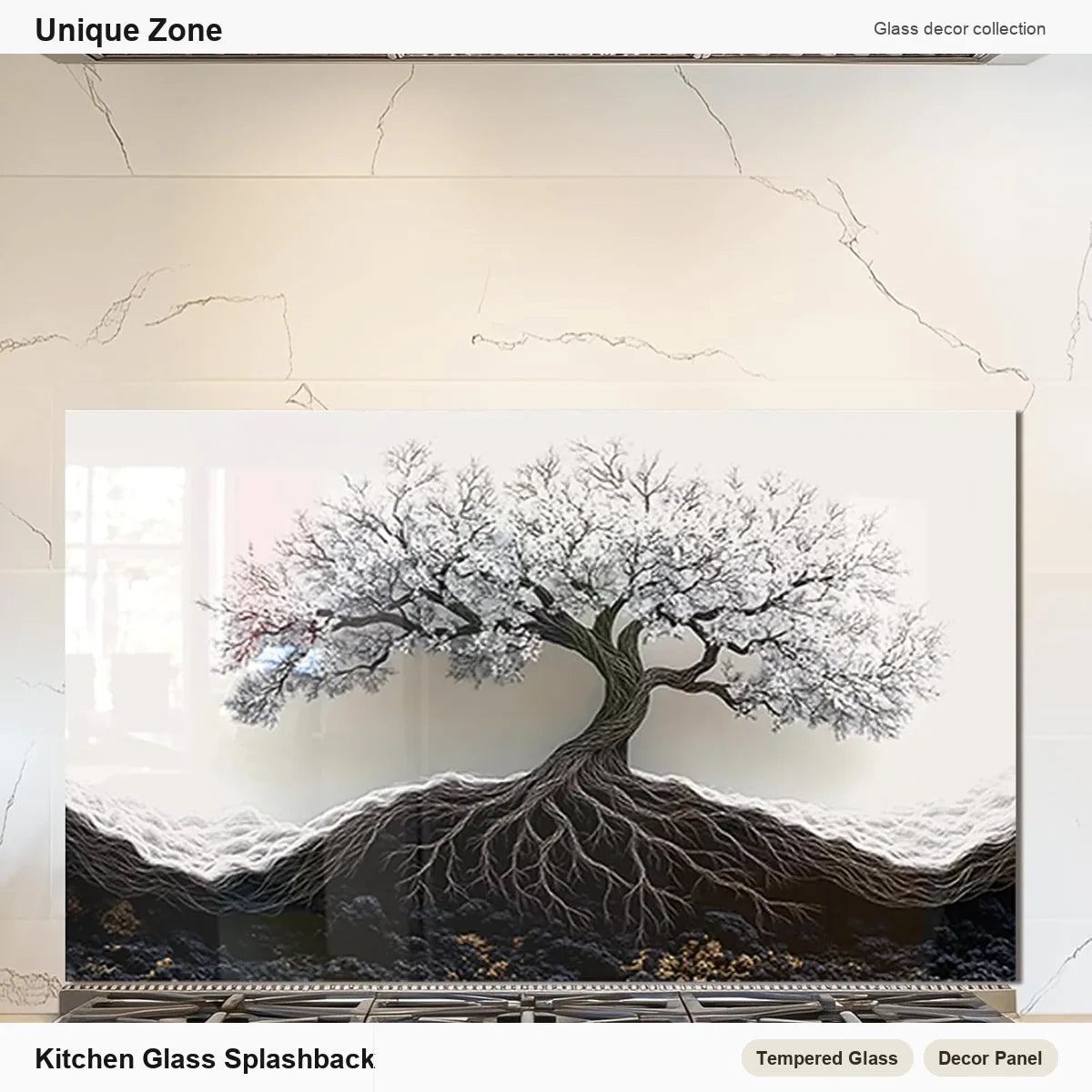 Tree of Life Tempered Glass Kitchen Backsplash - Unique Zone branded kitchen backsplash main image