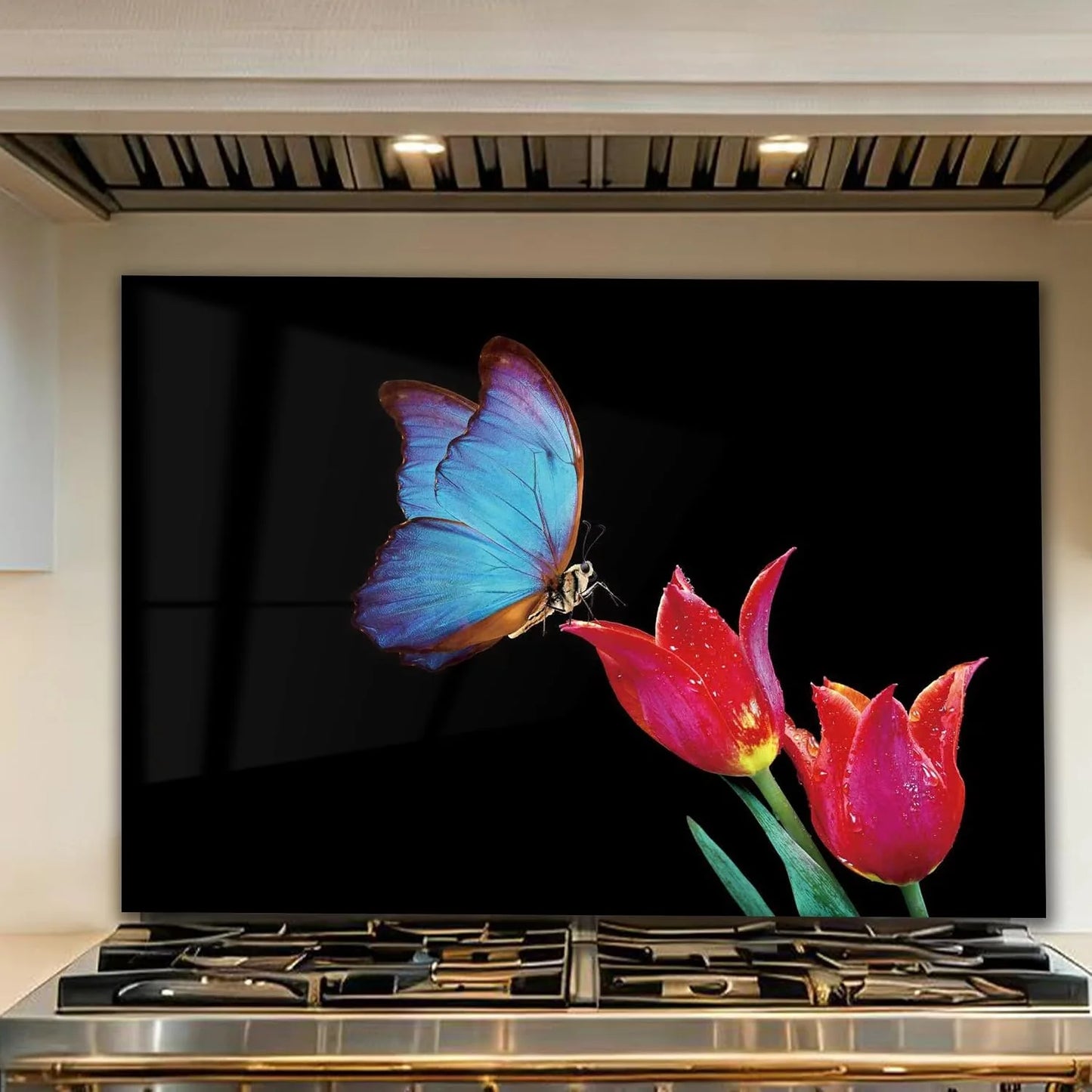Blue Butterfly on Tulips tempered glass kitchen backsplash close-up product view