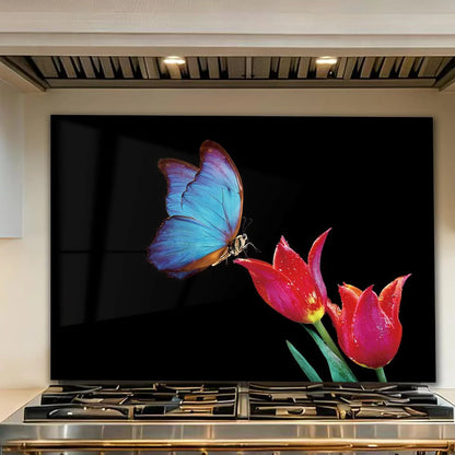 Blue Butterfly on Tulips tempered glass kitchen backsplash close-up product view