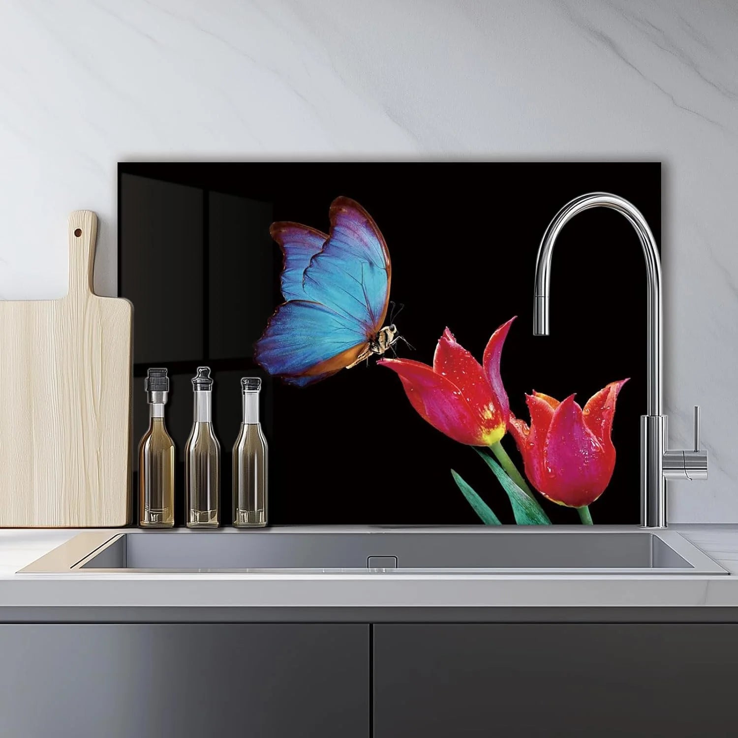 Blue Butterfly on Tulips tempered glass kitchen backsplash kitchen wall display
