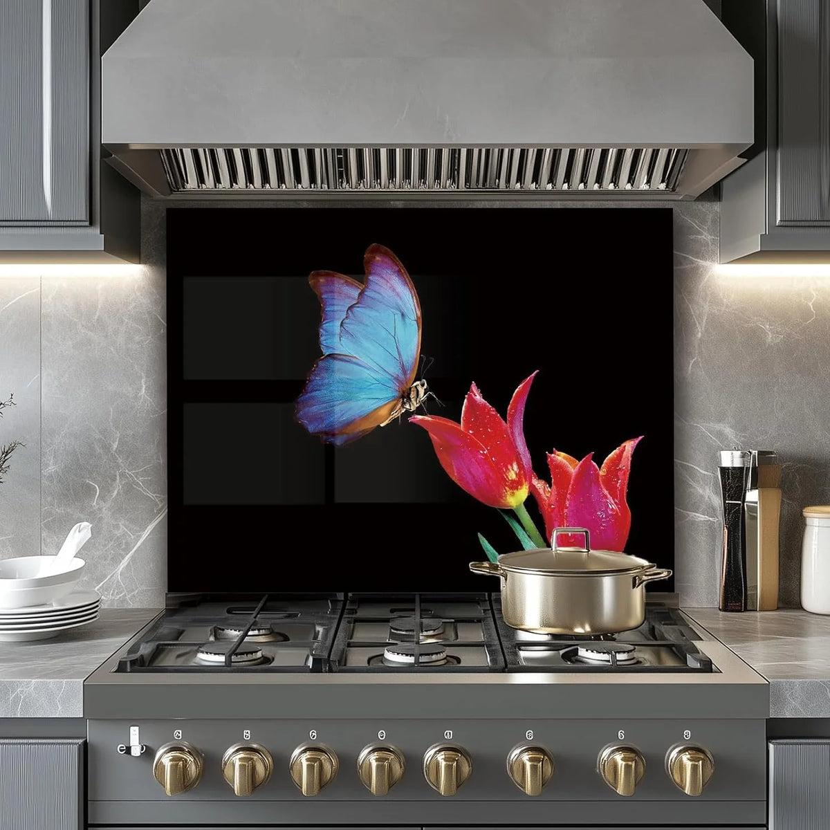 Blue Butterfly on Tulips tempered glass kitchen backsplash size reference view