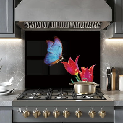 Blue Butterfly on Tulips tempered glass kitchen backsplash size reference view