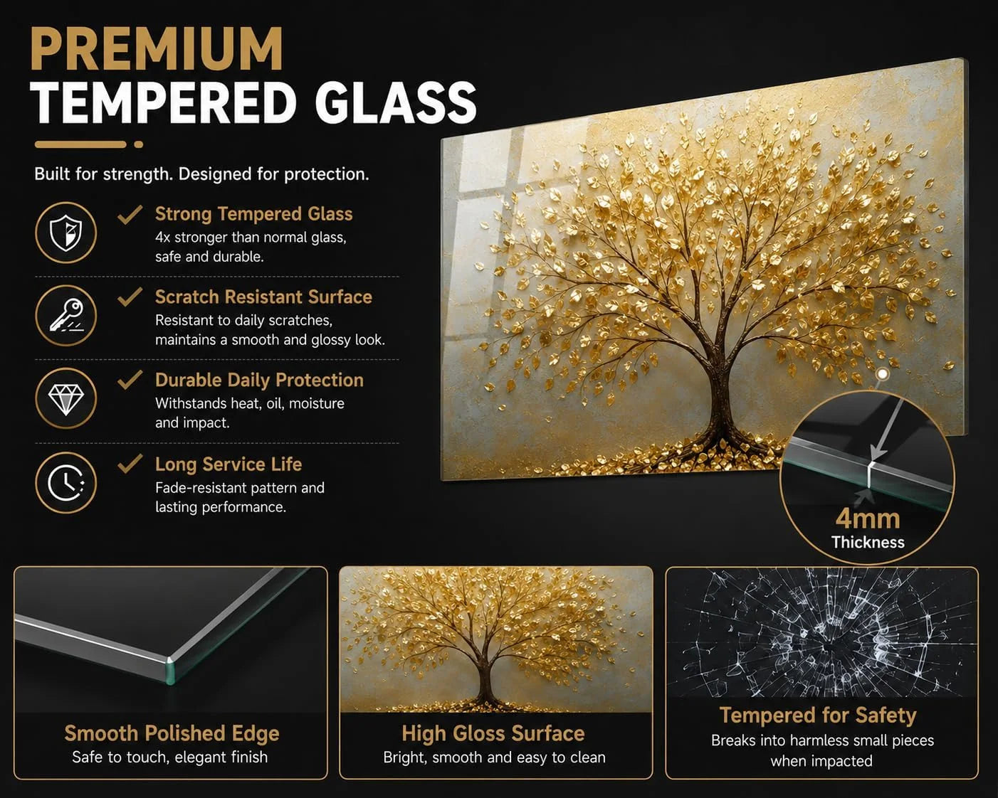 Tree of Life tempered glass kitchen backsplash size reference view