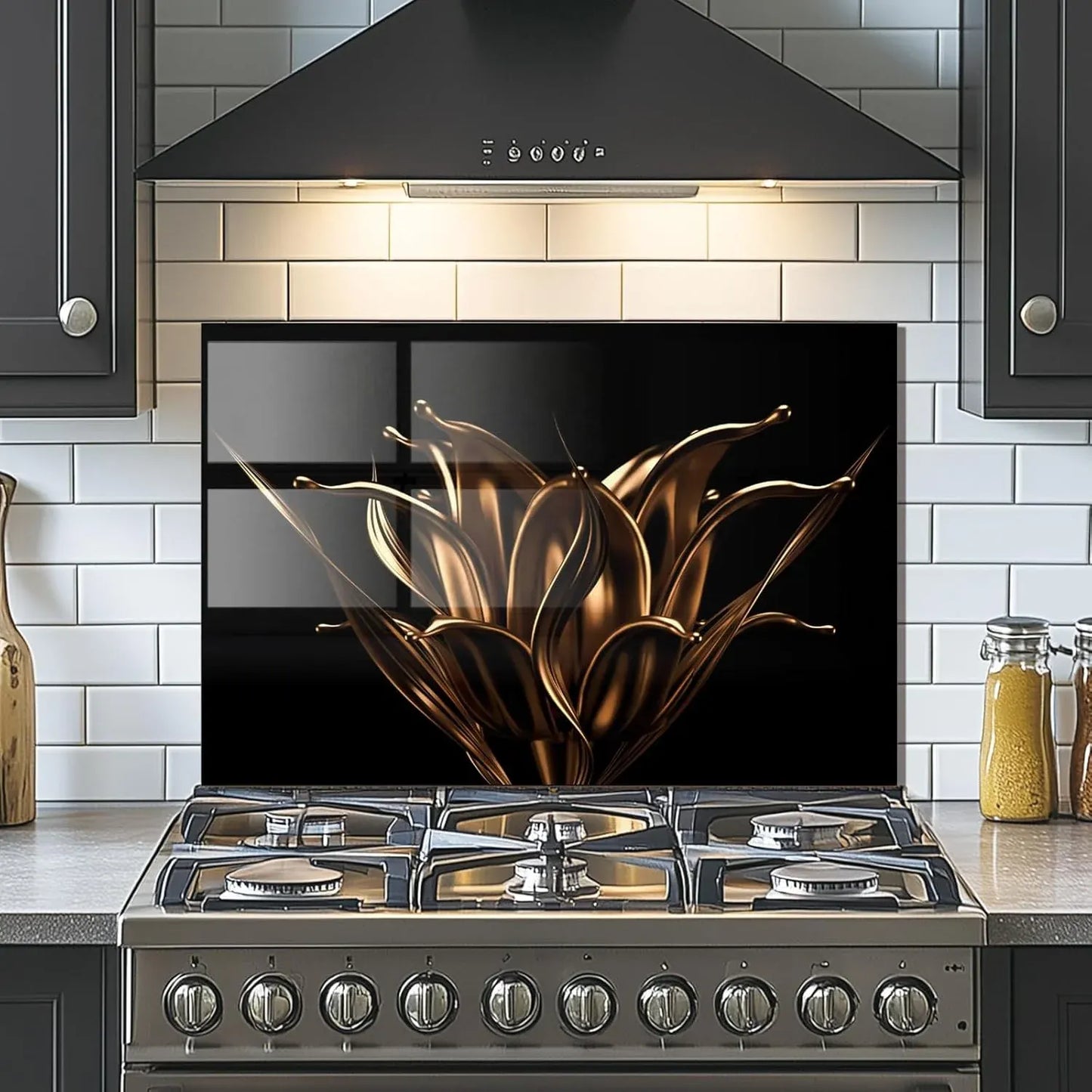 Golden Flowers Tempered Glass Kitchen Backsplash in Subway Tile Kitchen - Unique Zone