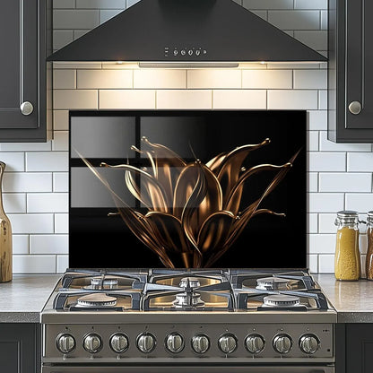 Golden Flowers Tempered Glass Kitchen Backsplash in Subway Tile Kitchen - Unique Zone