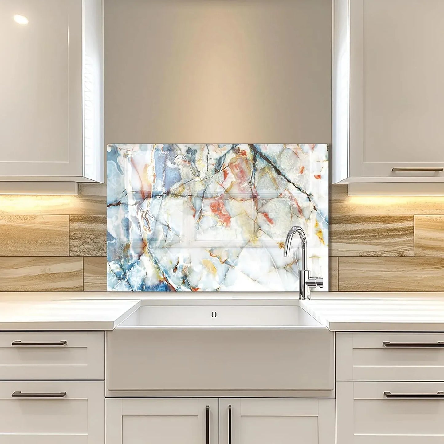 Marble pattern tempered glass kitchen backsplash behind sink, contemporary design