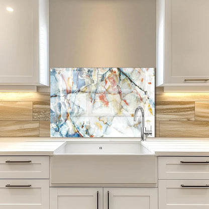 Marble pattern tempered glass kitchen backsplash behind sink, contemporary design