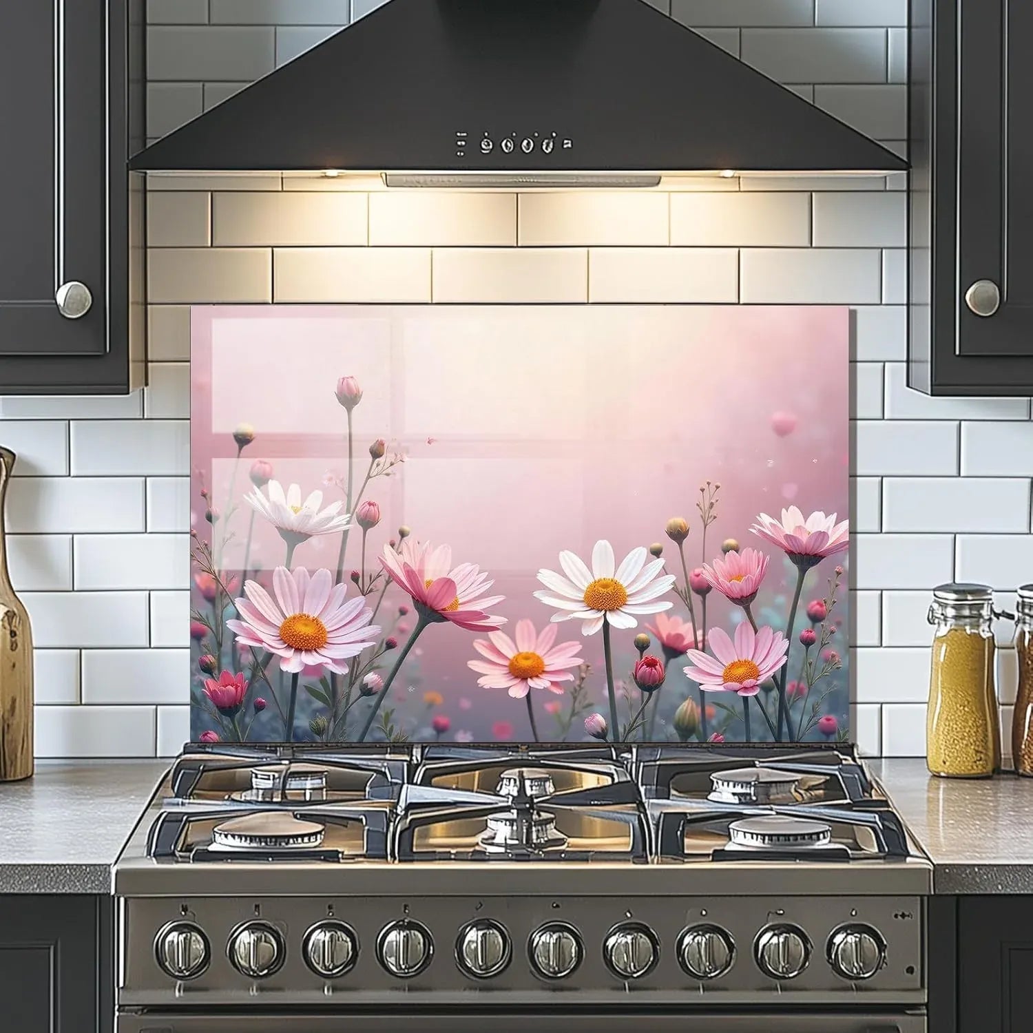 Pale Pink Daisy - Tempered Glass Backsplash for Kitchen detail view