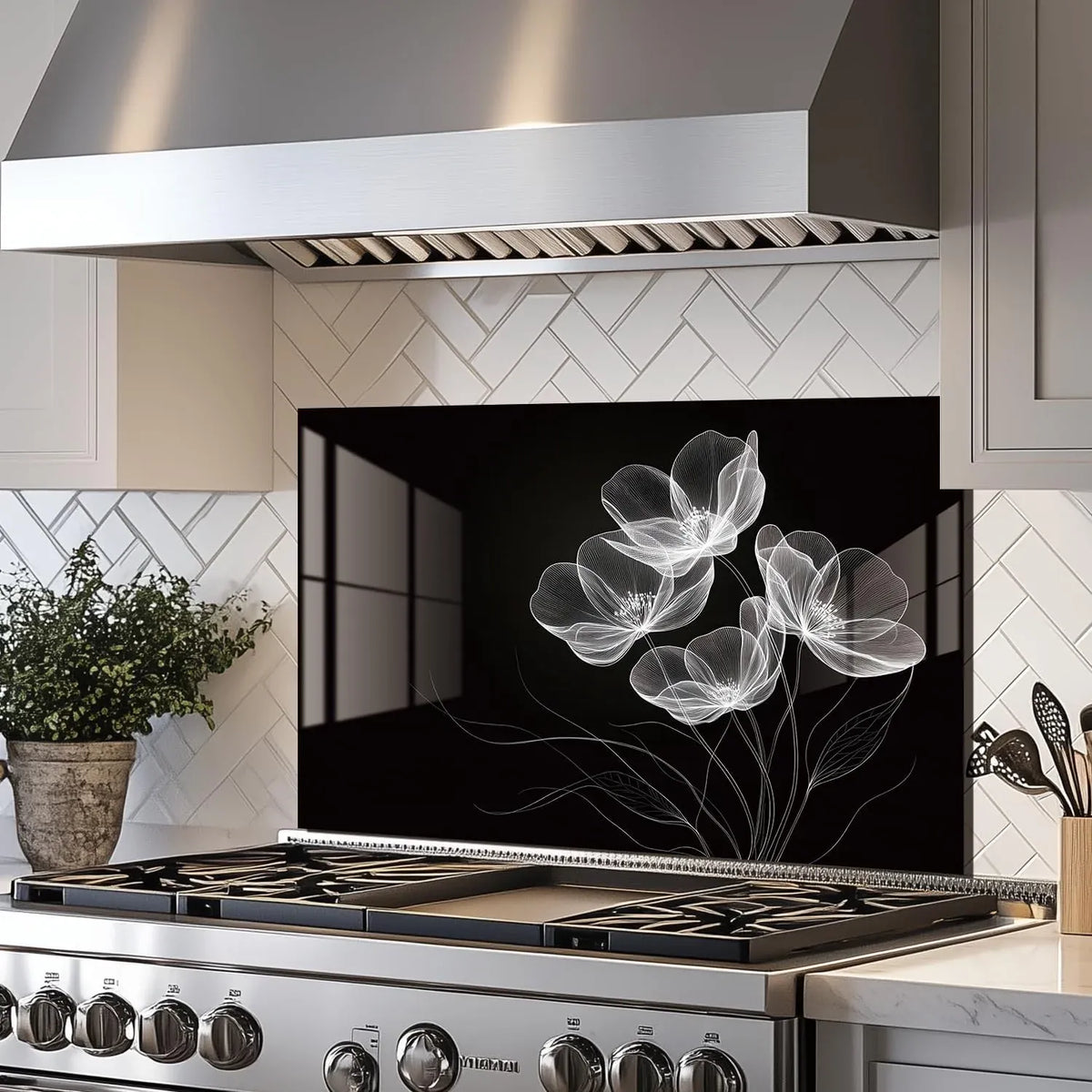 White Flower - Tempered Glass Backsplash for Kitchen detail view