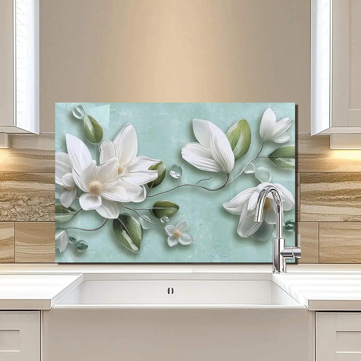 3D White Magnolia Teal Background Tempered Glass Kitchen Backsplash