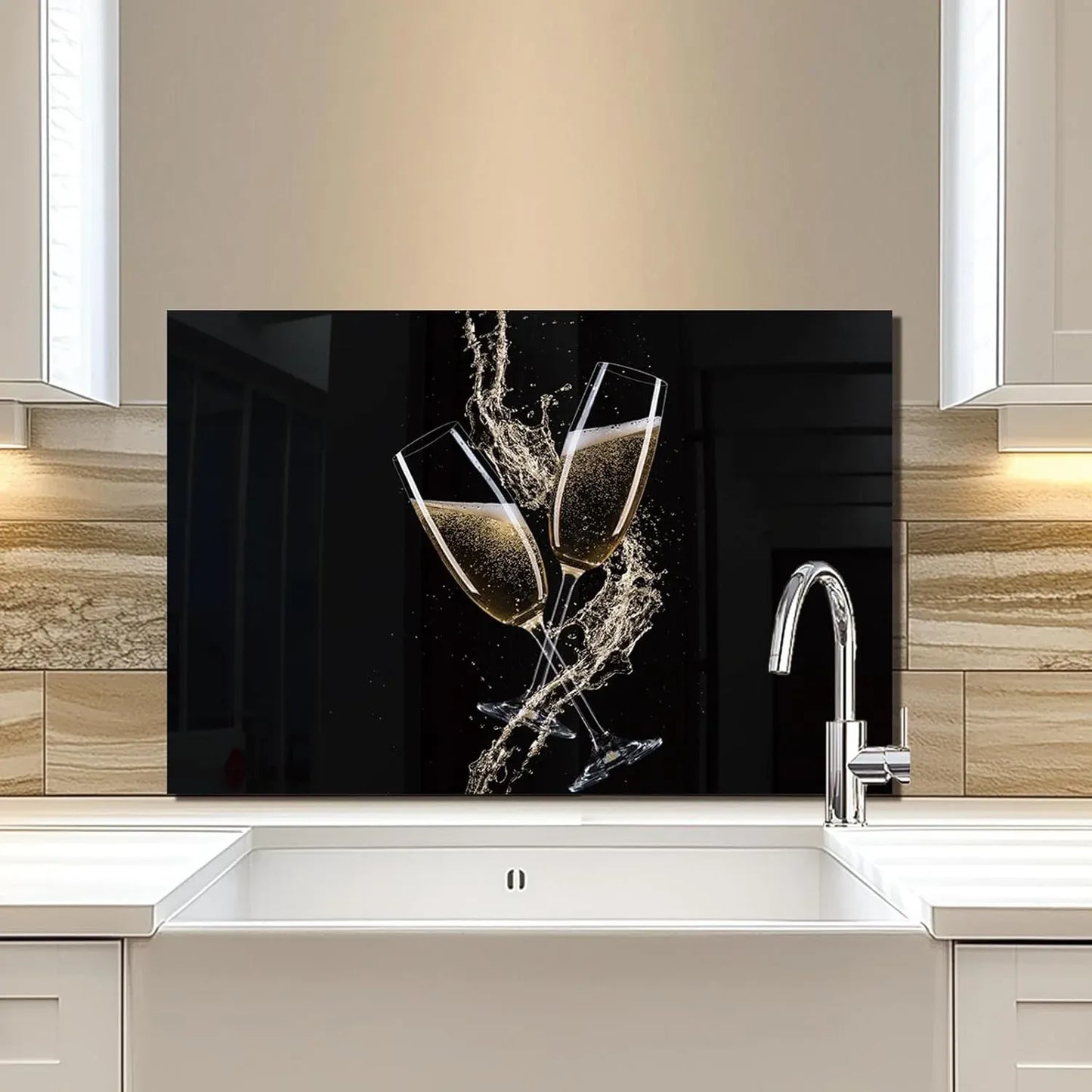 Black bottomed wine glass kitchen sink cover splash guard over sink with champagne glasses