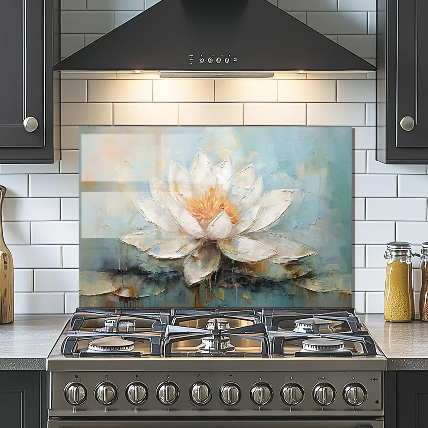 Pure White Lotus - Tempered Glass Backsplash for Kitchen