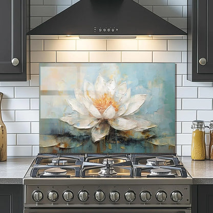 Pure White Lotus - Tempered Glass Backsplash for Kitchen
