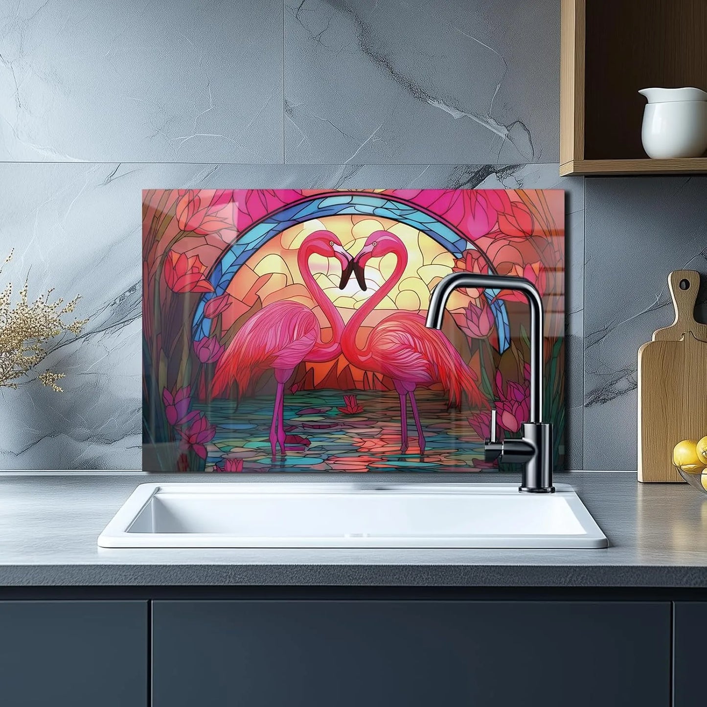 Tempered glass flamingo stove backsplash top cover installed near kitchen sink