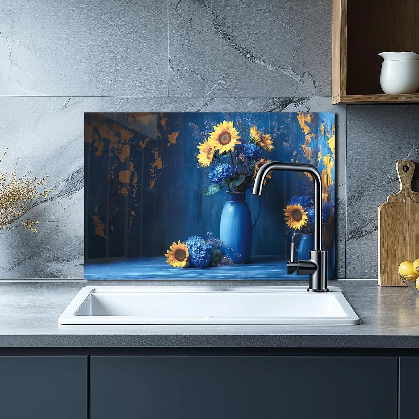 Blue vase tempered glass backsplash for kitchen, decorative sunflower design behind sink