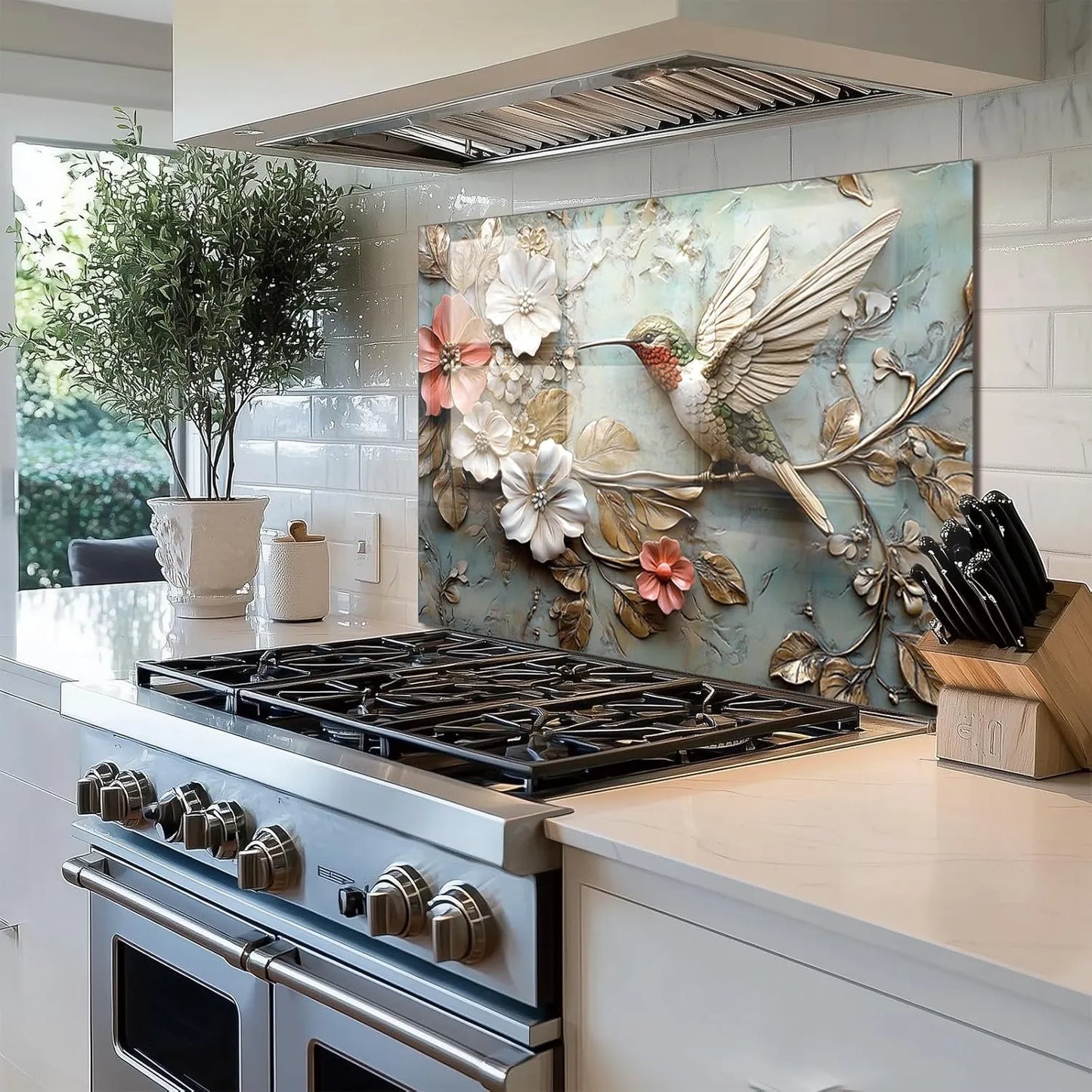 3D Hummingbird Tempered Glass Kitchen Backsplash Installed Above Stove