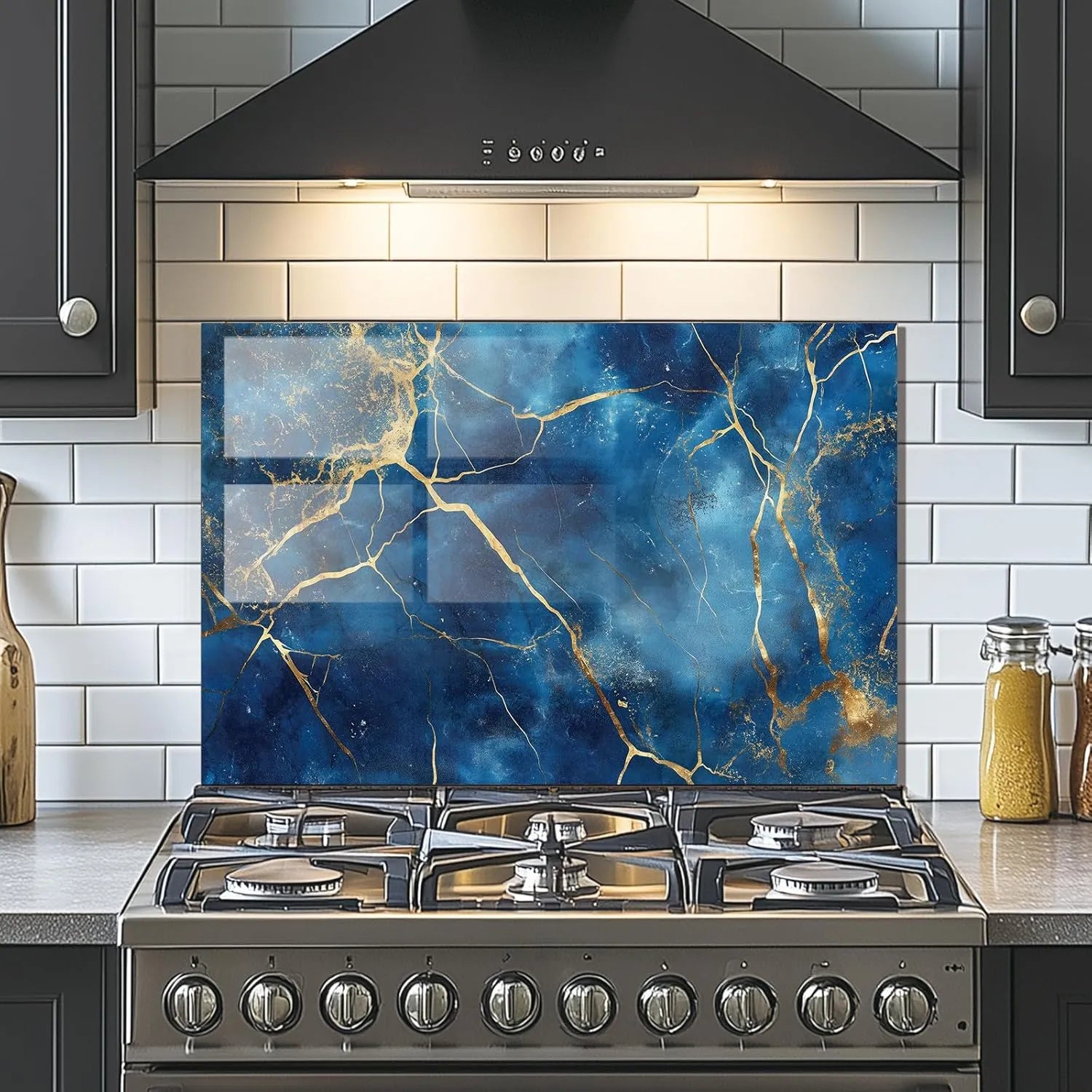 Blue gold abstract tempered glass kitchen backsplash in dark gray cabinet kitchen