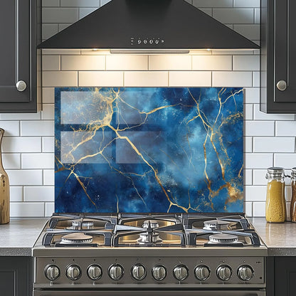 Blue gold abstract tempered glass kitchen backsplash in dark gray cabinet kitchen