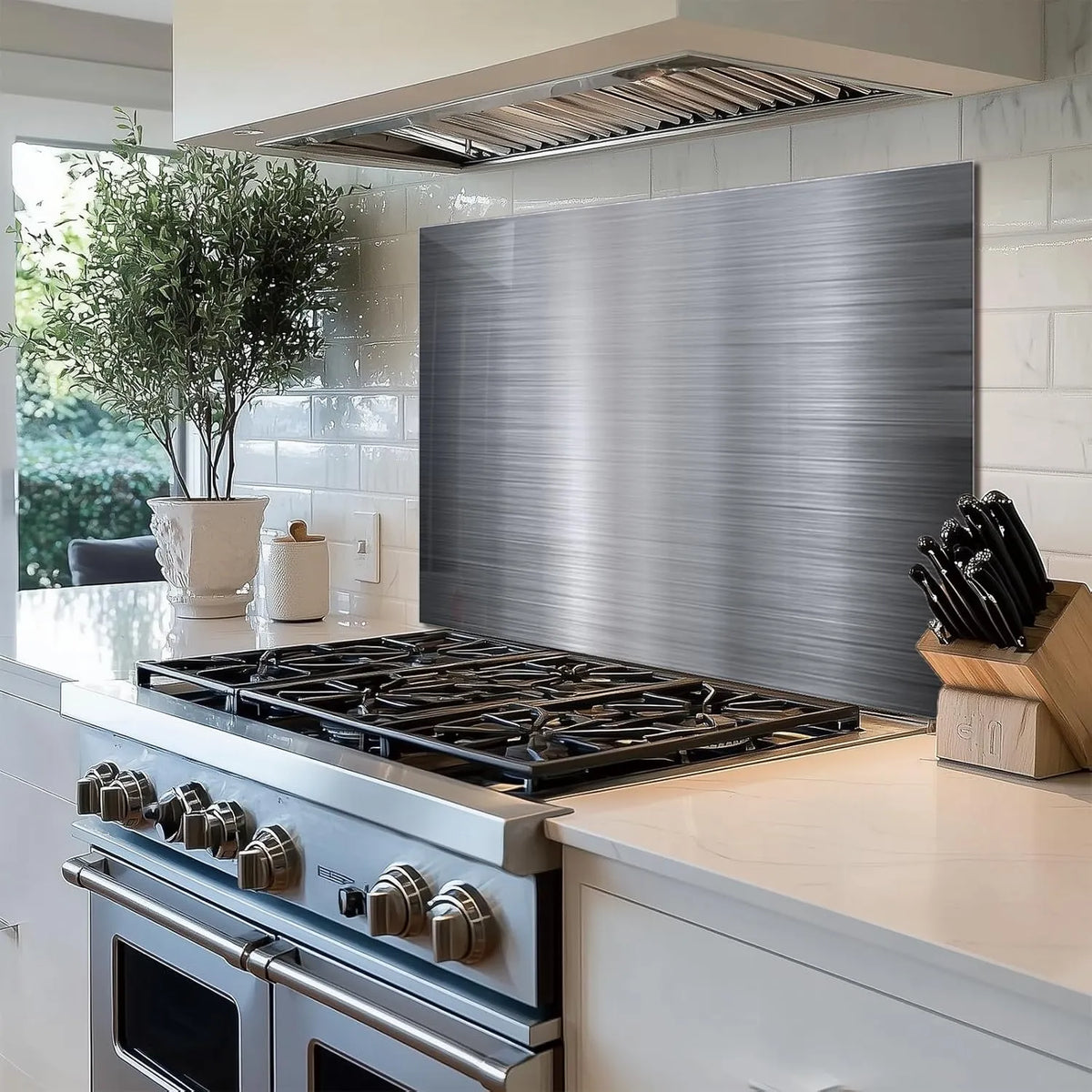 Silver tempered glass kitchen backsplash behind gas stove