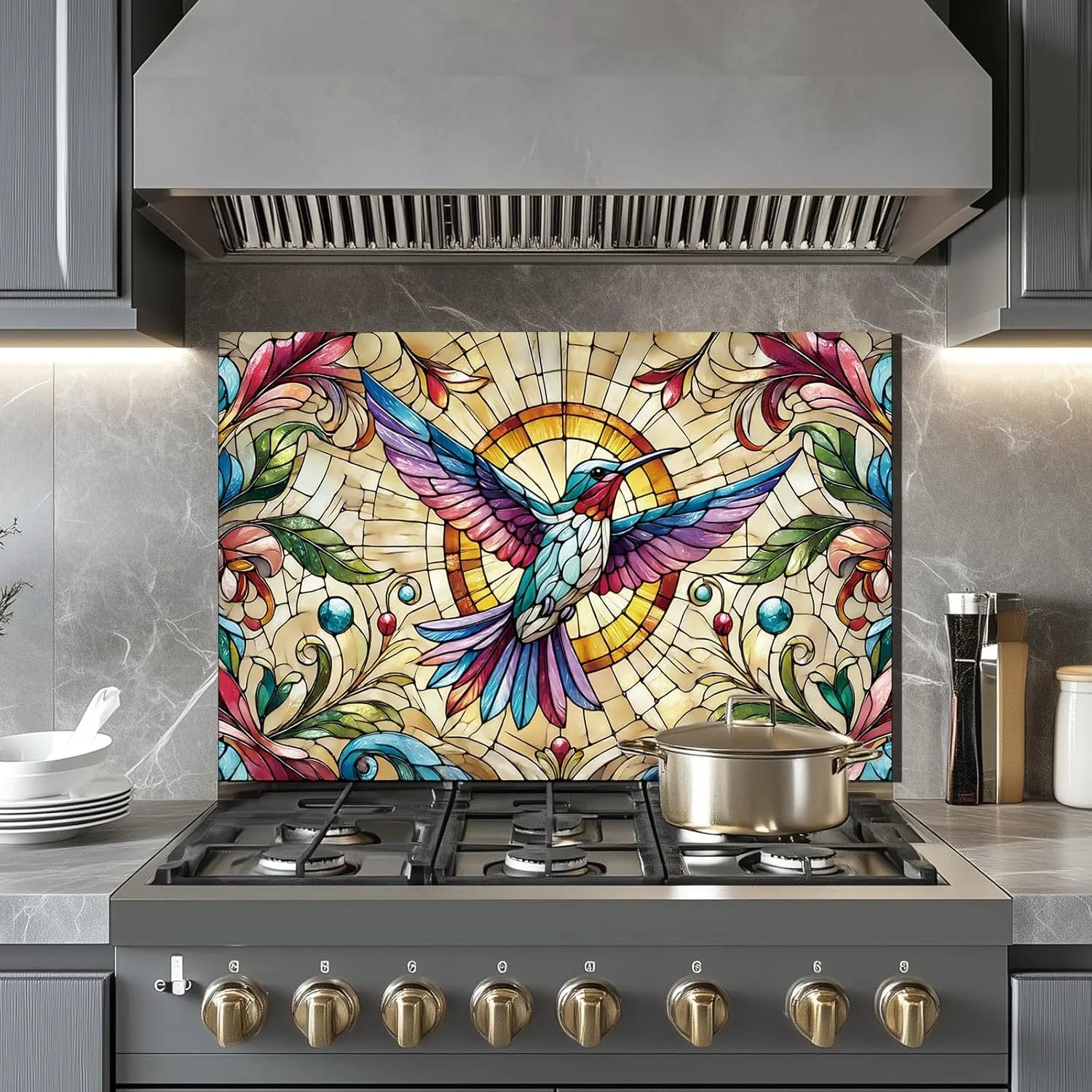 Vibrant hummingbird tempered glass backsplash behind modern kitchen stove