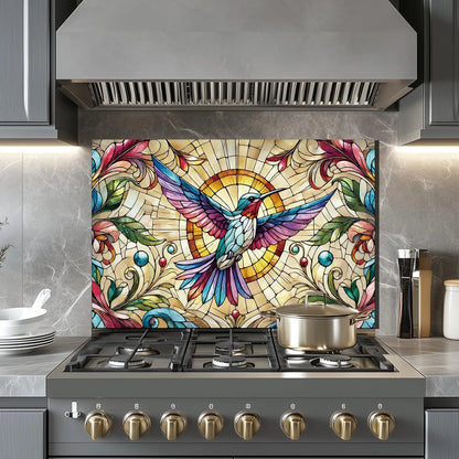 Vibrant hummingbird tempered glass backsplash behind modern kitchen stove