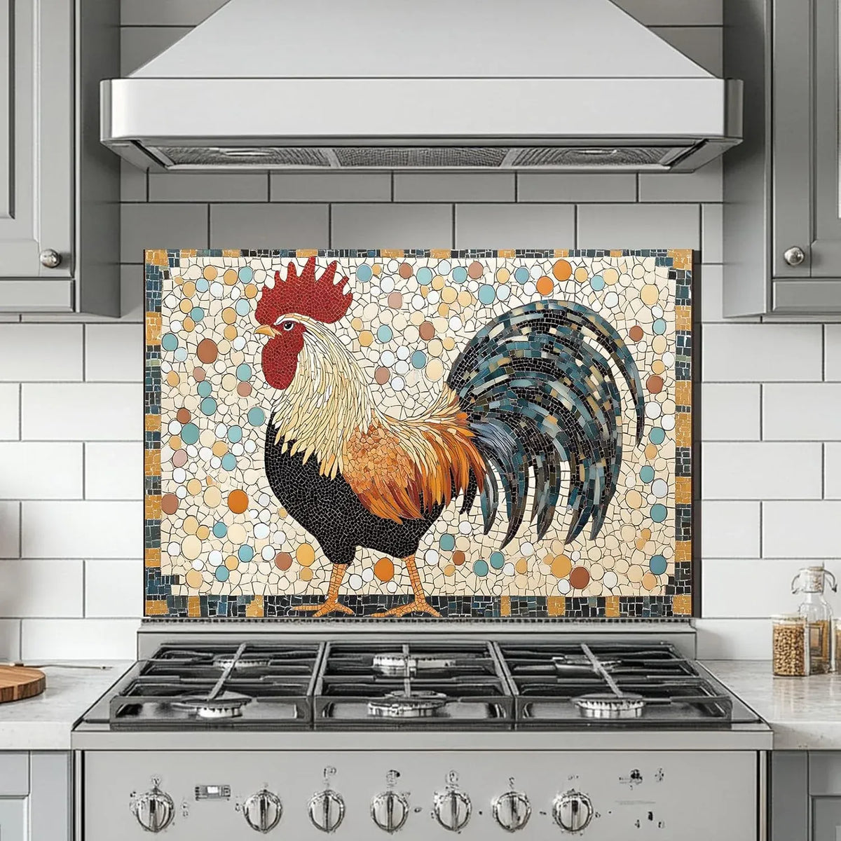 Detailed Rooster Mosaic Tempered Glass Kitchen Backsplash