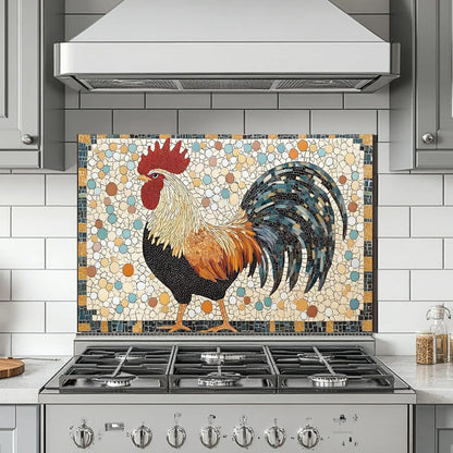 Detailed Rooster Mosaic Tempered Glass Kitchen Backsplash