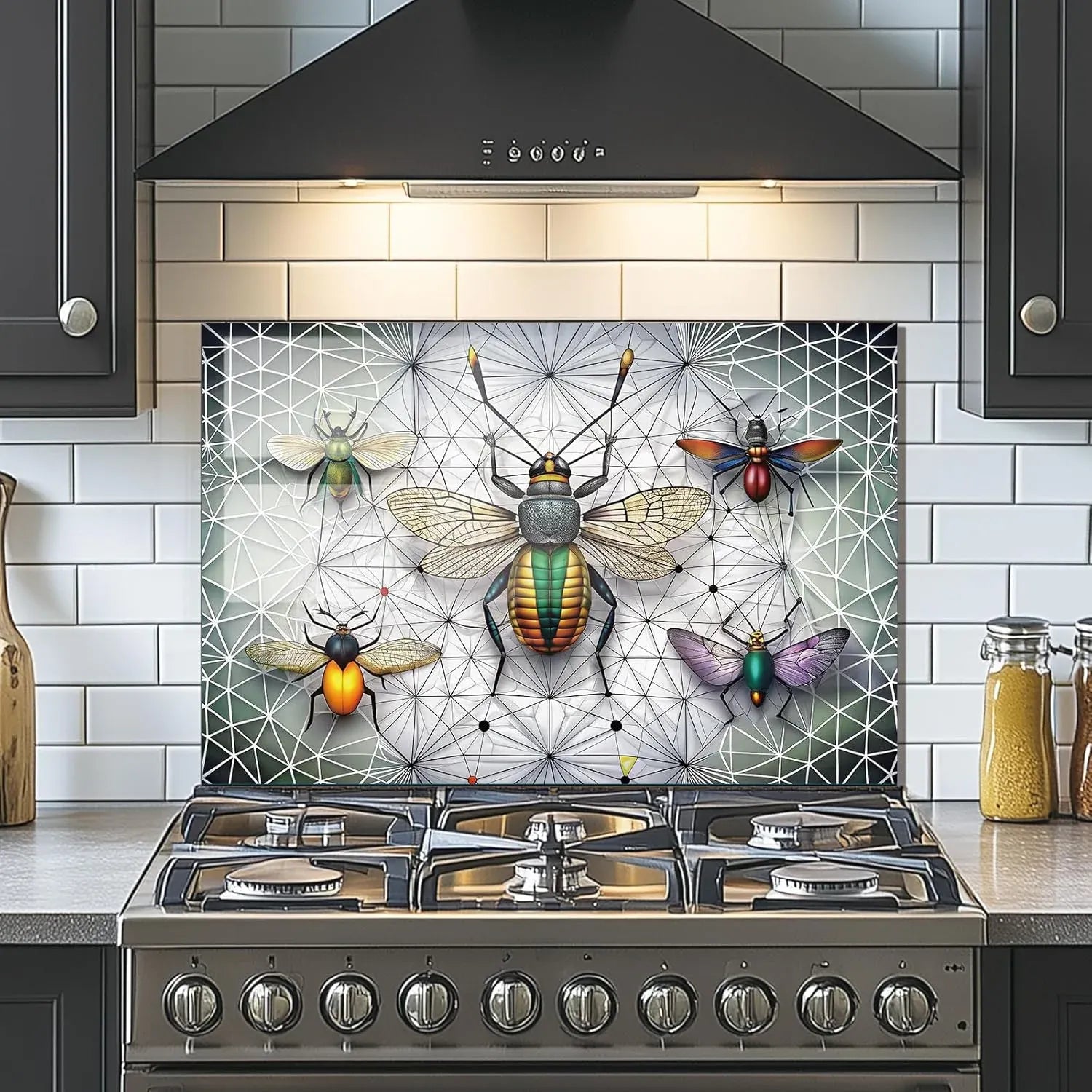 Colorful fireflies tempered glass kitchen backsplash above stove