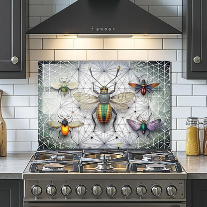 Colorful fireflies tempered glass kitchen backsplash above stove