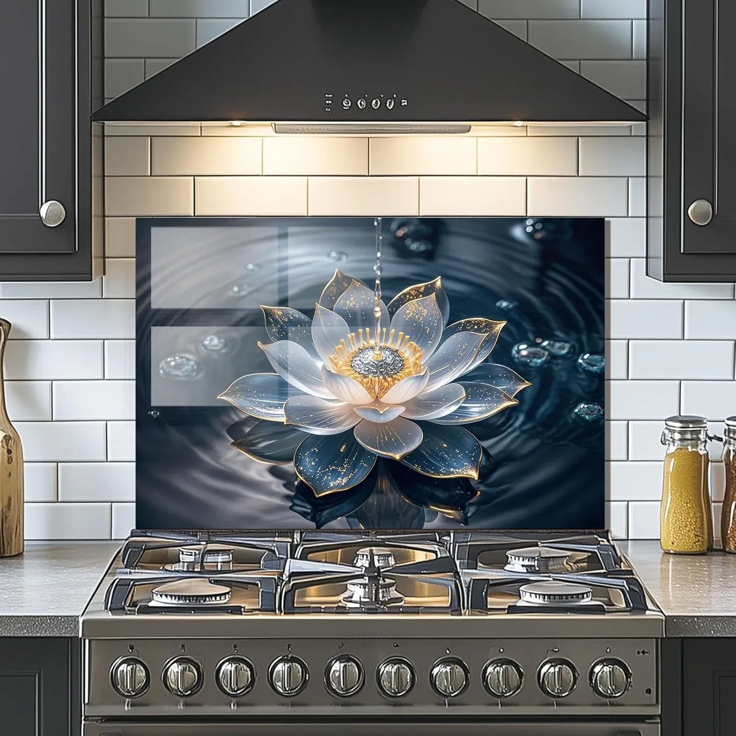 Lotus flower tempered glass kitchen backsplash, stylish protective wall cover for contemporary kitchens