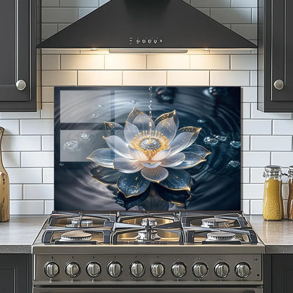 Lotus flower tempered glass kitchen backsplash, stylish protective wall cover for contemporary kitchens
