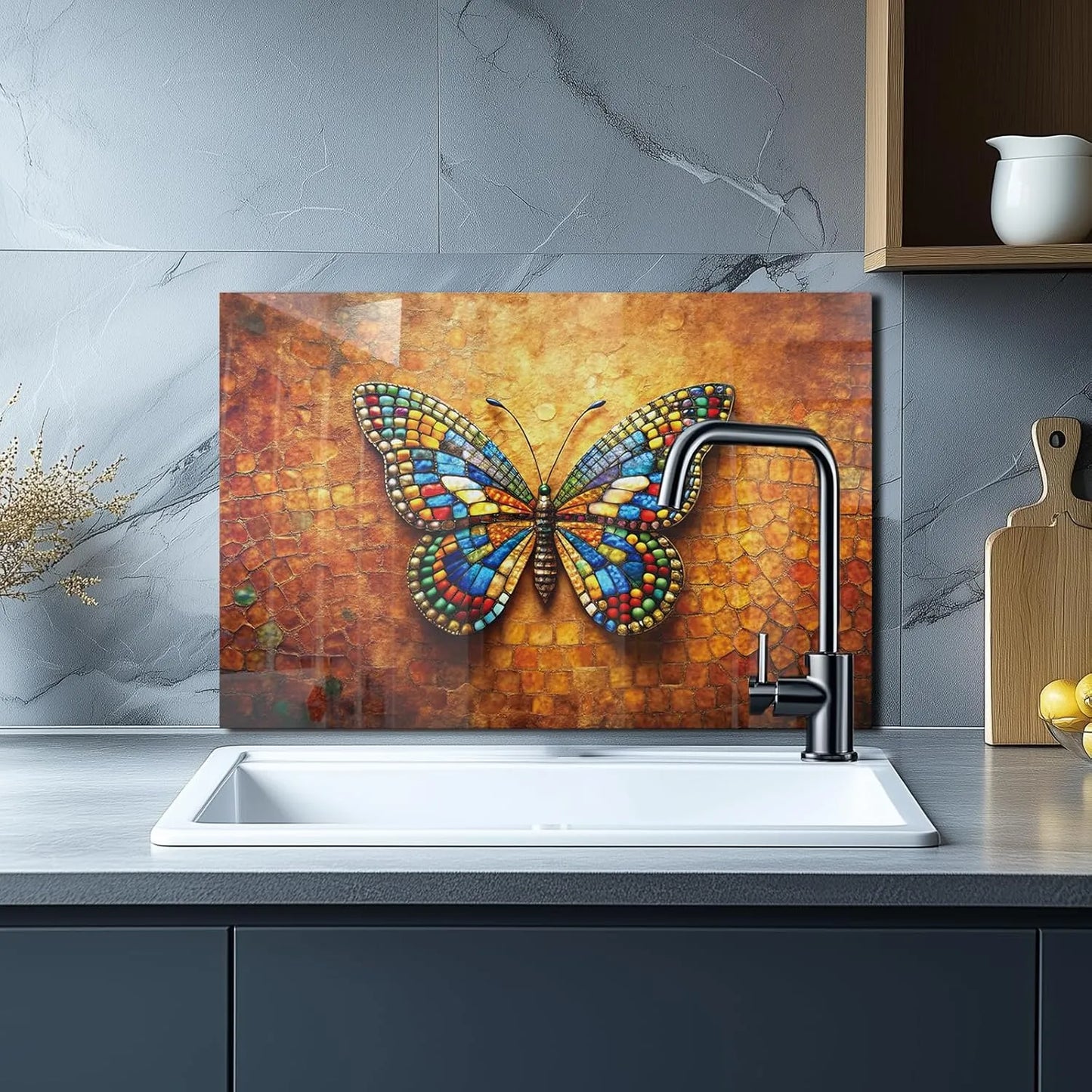 Tempered Glass 3D Butterfly Stove Backsplash Top Cover Installed Above Kitchen Sink