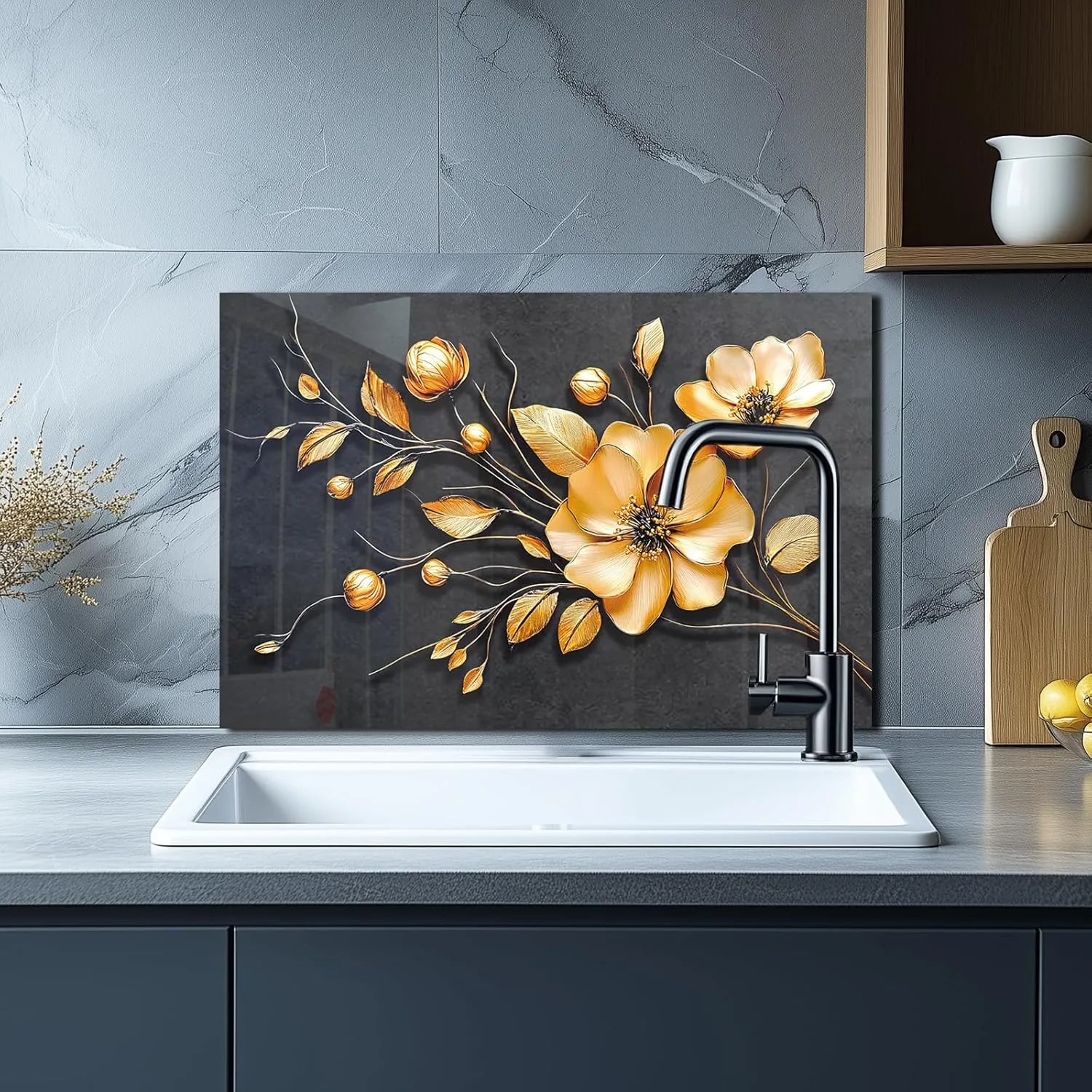 Tempered glass golden flower kitchen backsplash behind sink, modern decorative design