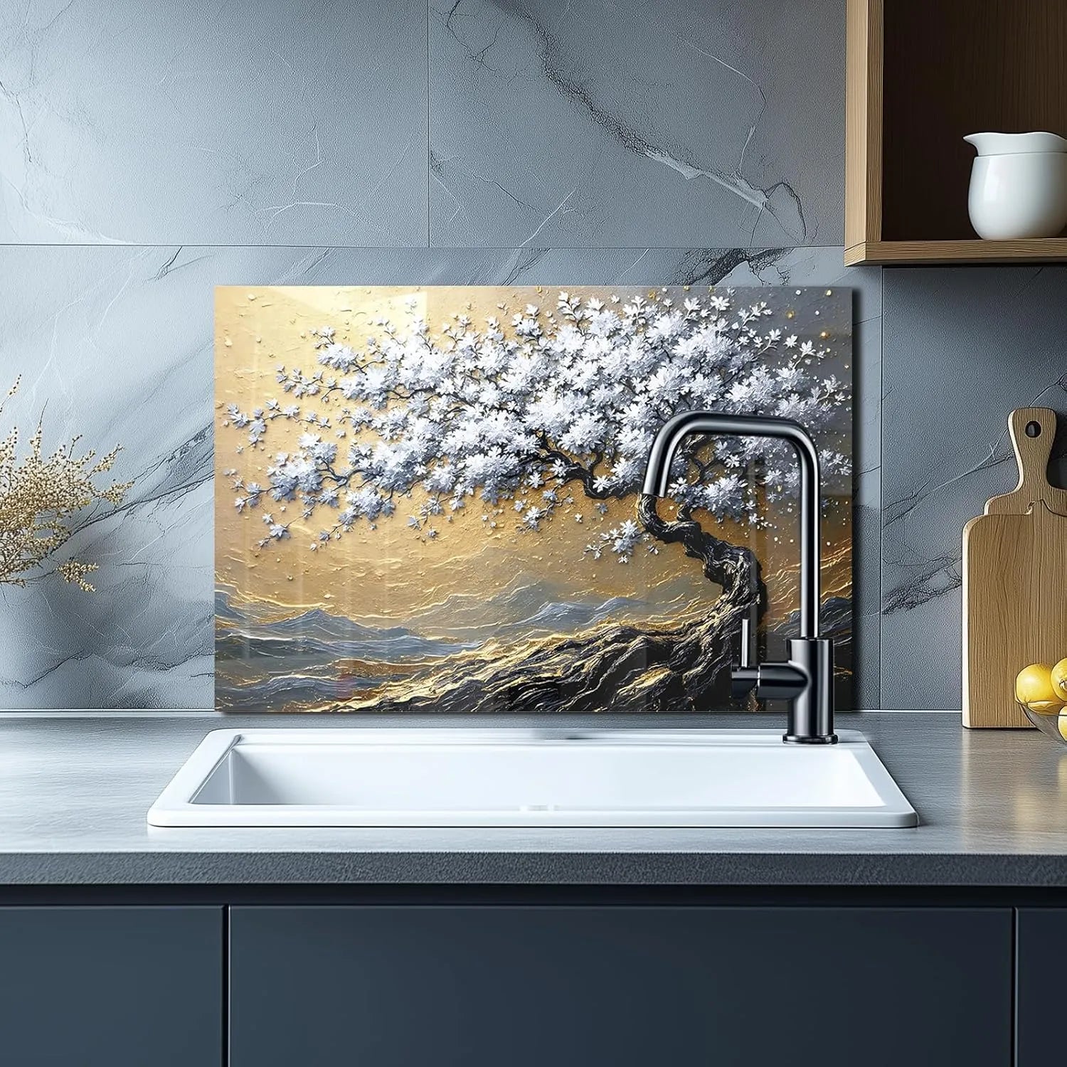 Gold and Silver Tree of Life Tempered Glass Kitchen Backsplash - Near Sink
