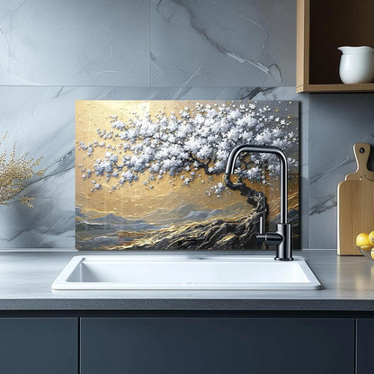 Gold and Silver Tree of Life Tempered Glass Kitchen Backsplash - Near Sink