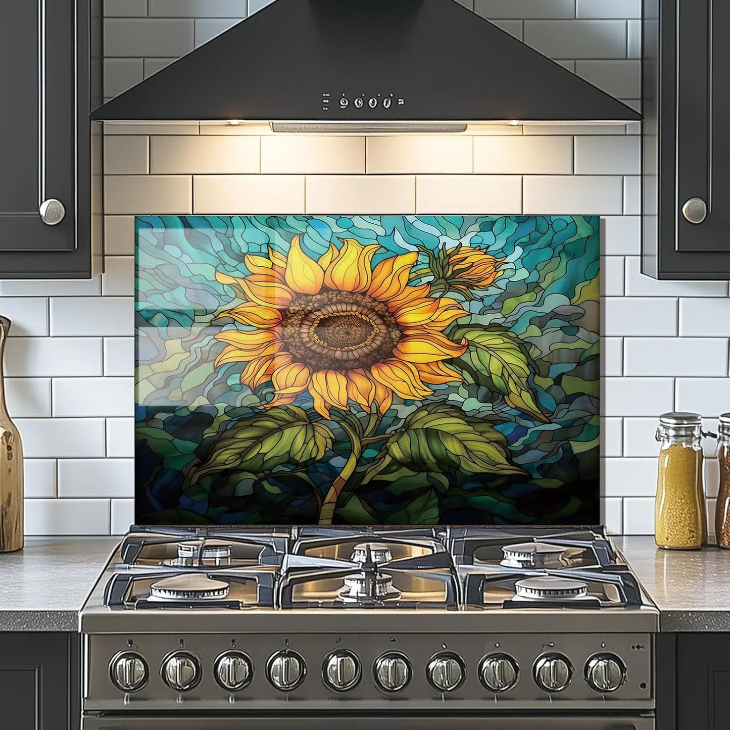 Sunflower tempered glass kitchen backsplash installed behind stove