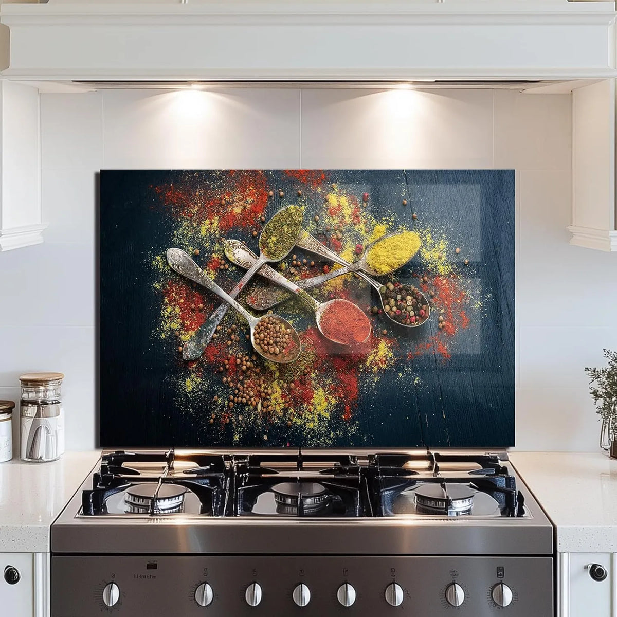 Spice Tempered Glass Kitchen Backsplash with Colorful Spices and Spoons Design