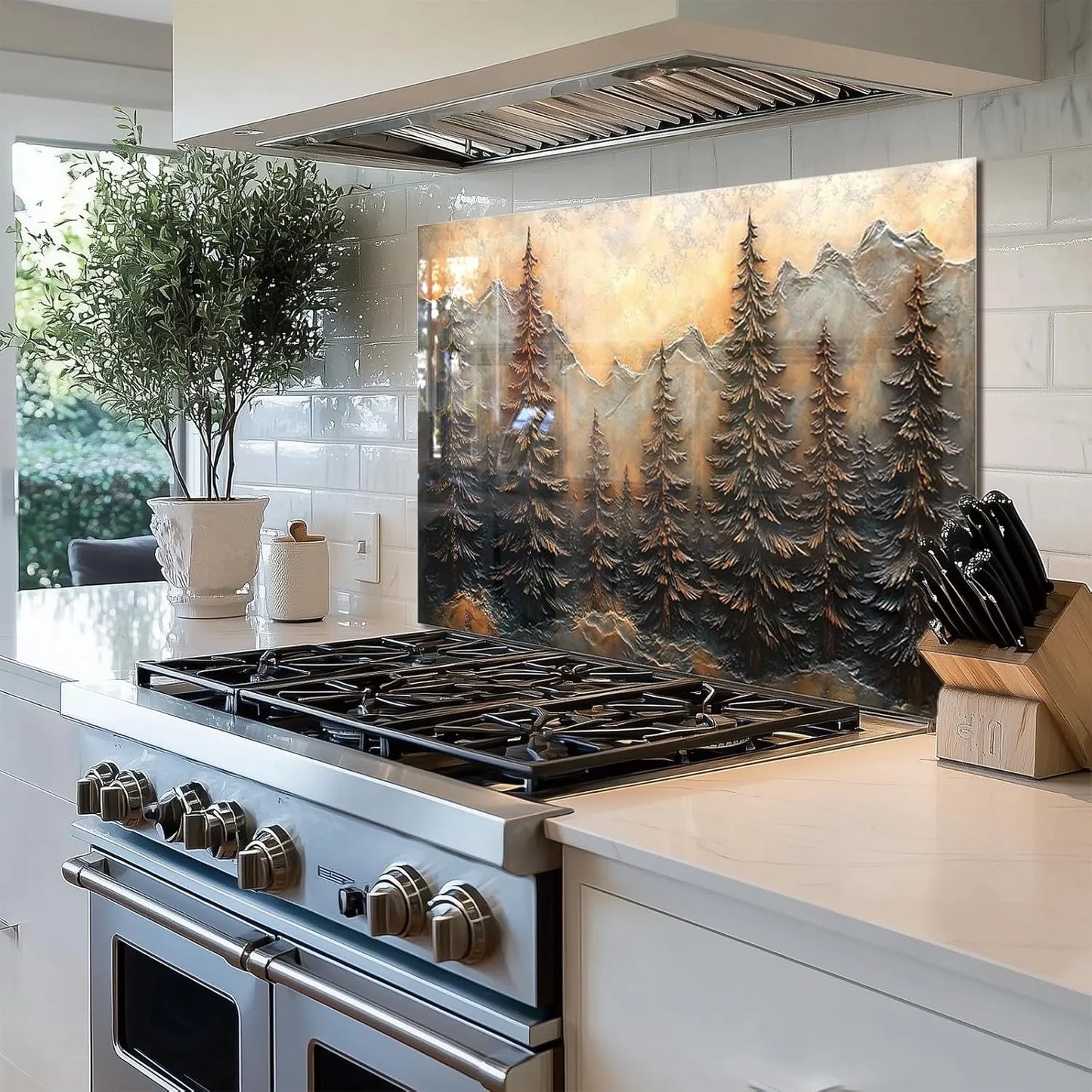 Tempered glass 3D pine forest kitchen backsplash behind stove