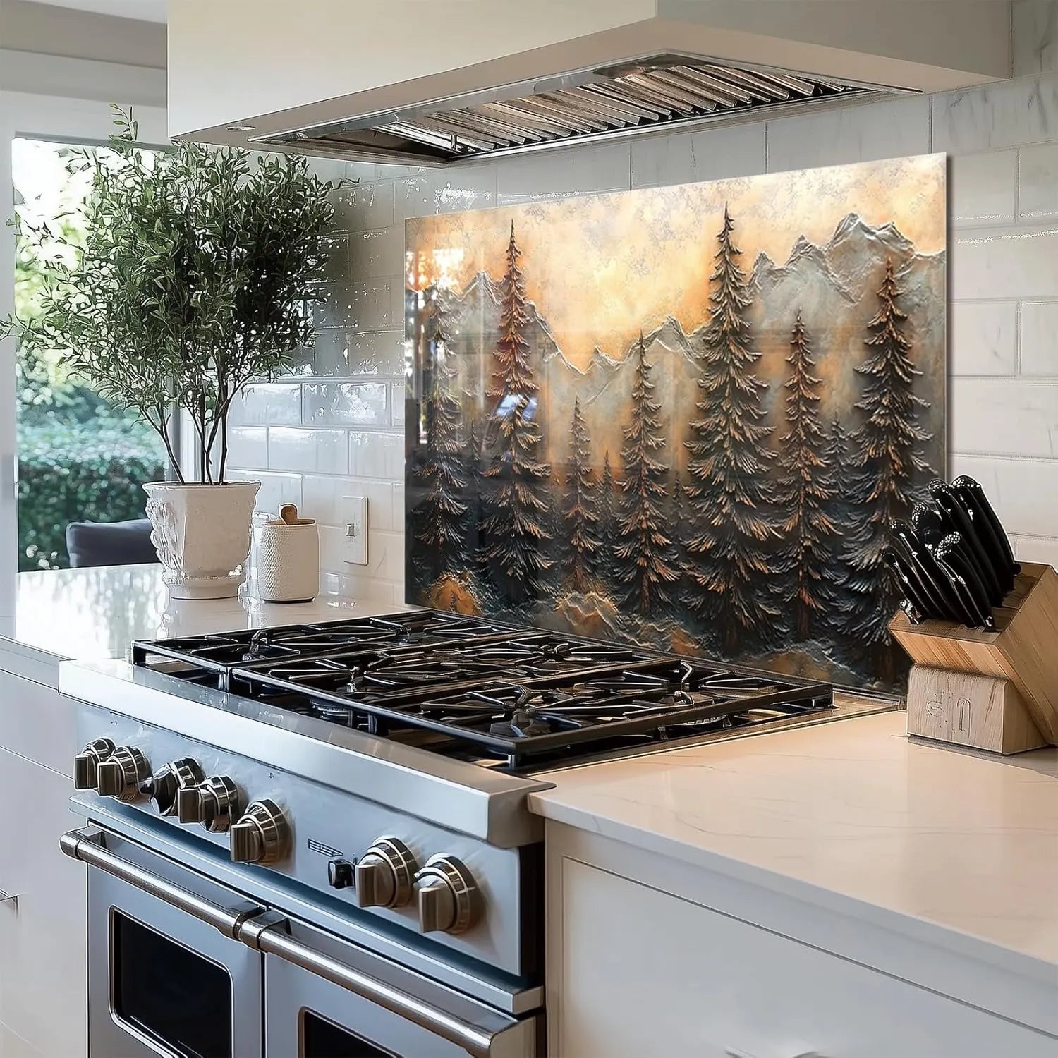 Tempered glass 3D pine forest kitchen backsplash behind stove