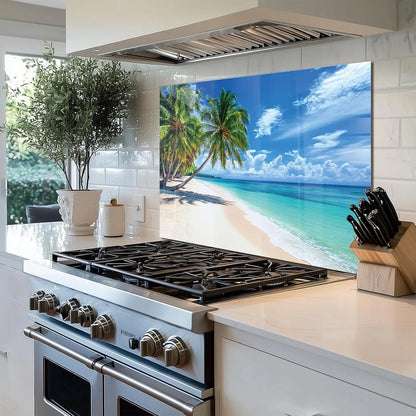 Coconut trees beach scene tempered glass kitchen backsplash splash guard