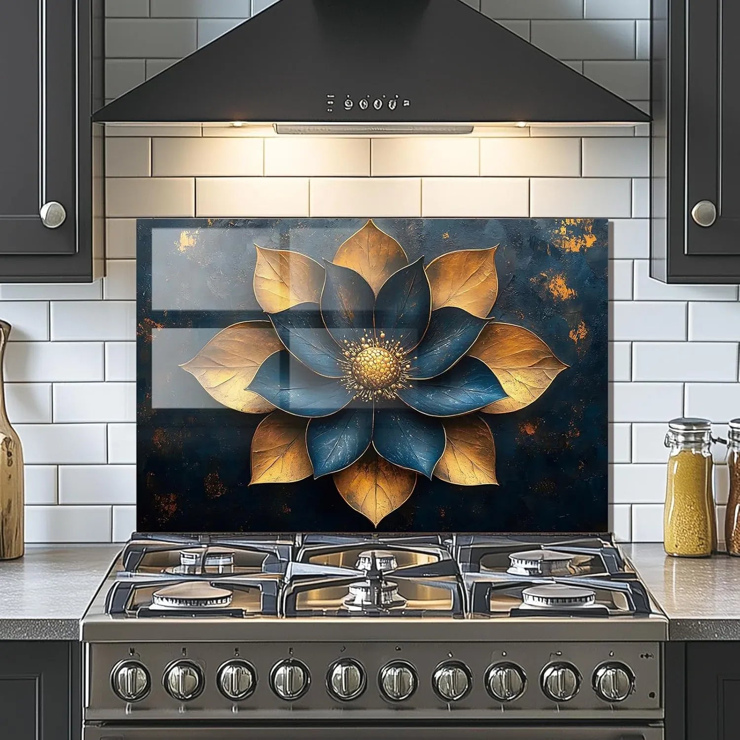 Blue Golden Flowers Tempered Glass Kitchen Backsplash Stove Area