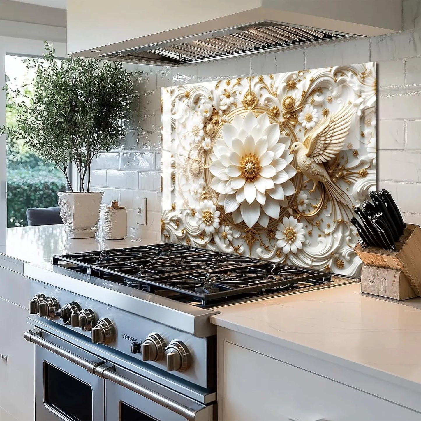 3D Platinum Flowers & Birds Tempered Glass Kitchen Backsplash Installed Above Stove