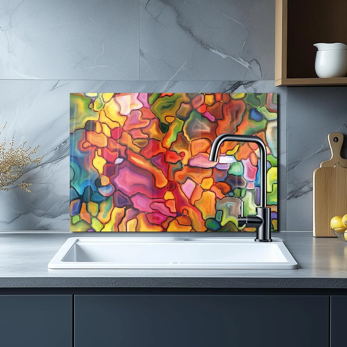 Colorful tempered glass stained glass kitchen sink backsplash - energy design