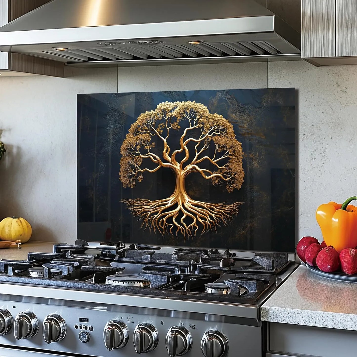 Tempered Glass Tree of Life Kitchen Wall Decor Splashback installed above modern gas cooktop
