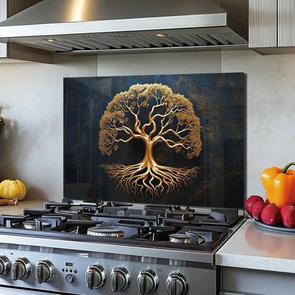 Tempered Glass Tree of Life Kitchen Wall Decor Splashback installed above modern gas cooktop