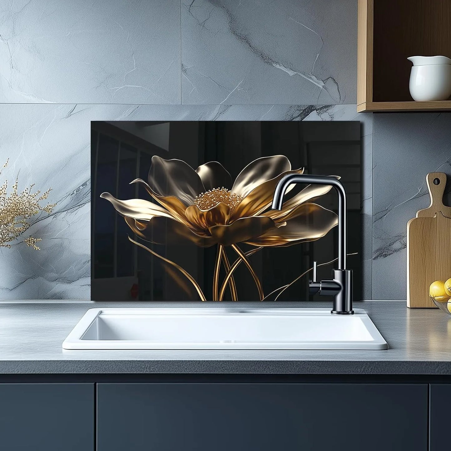 Tempered Glass Golden Lotus Backsplash for Kitchen Sink Area