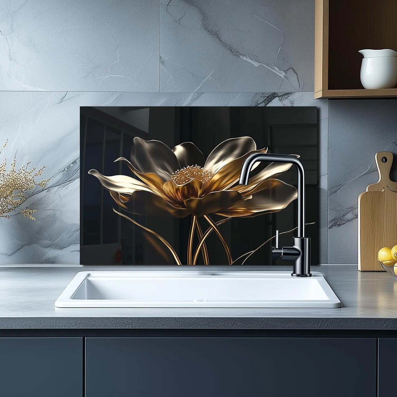 Tempered Glass Golden Lotus Backsplash for Kitchen Sink Area